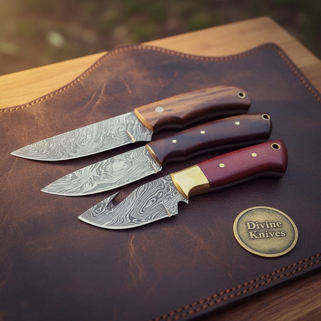 Damascus Gut Hook and Cowboy Knife Set by Divine Knives