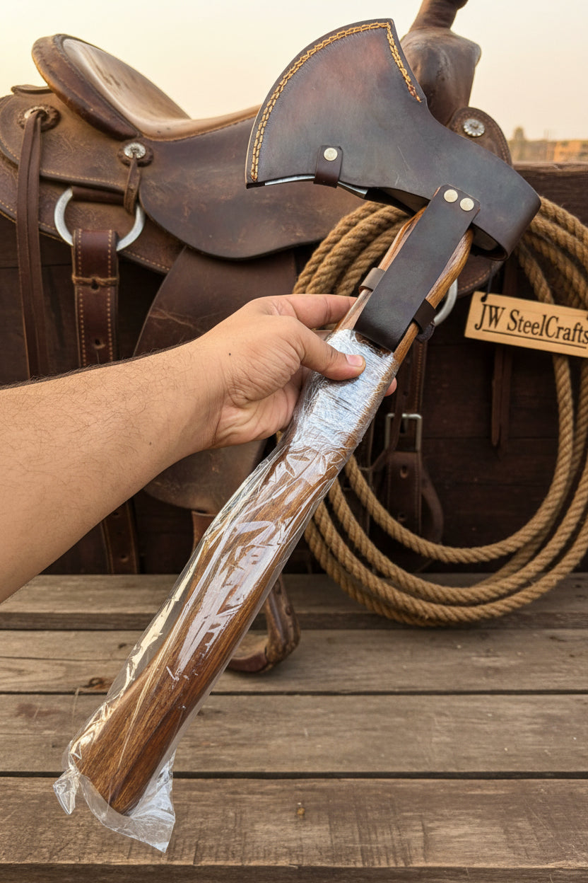 Damascus Steel Bearded Bushcraft Axe for Camping and Woodcraft detail view by JW SteelCrafts