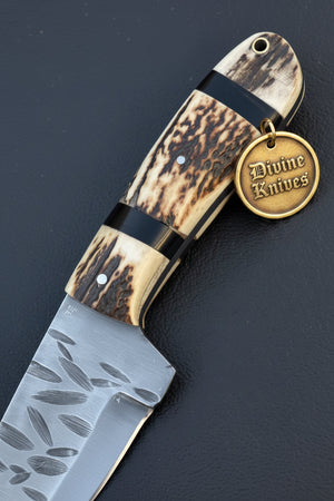 Stag Horn Cowboy Hunter Knife with Leaf Textured Spine detail view by Divine Knives