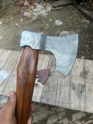Damascus Viking Bearded Hatchet with Bare Wood Haft detail view by Divine Knives