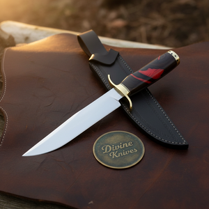 Red Micarta Handle Bowie Knife with Polished Drop Point Blade and Tooled Black Sheath