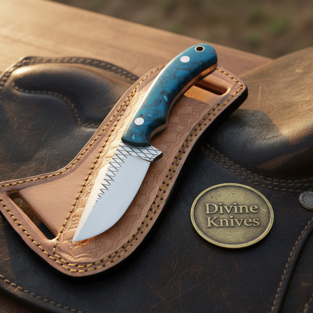 Turquoise Marble Rasp Cowboy Knife with product detail, view 3