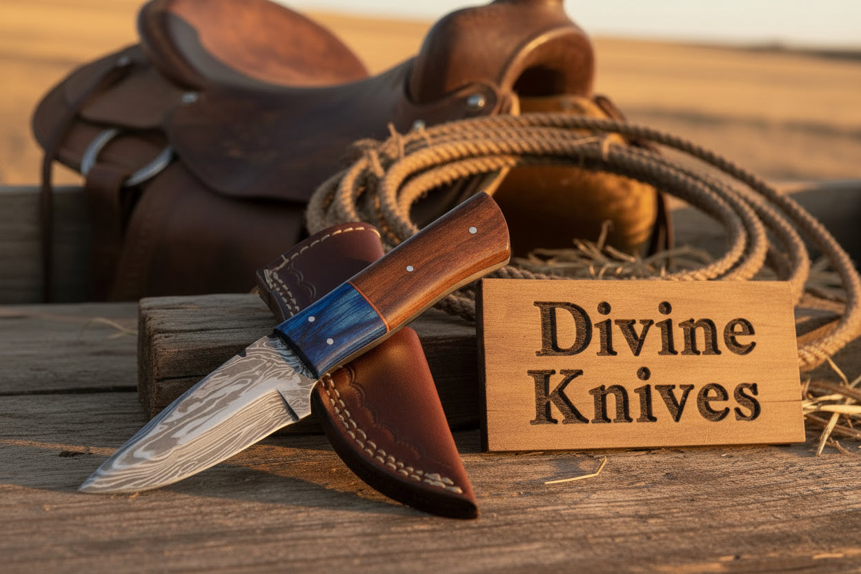 Two-Tone Blue Accent Damascus Knife with Warm Tan Wood Handle detail view by Divine Knives