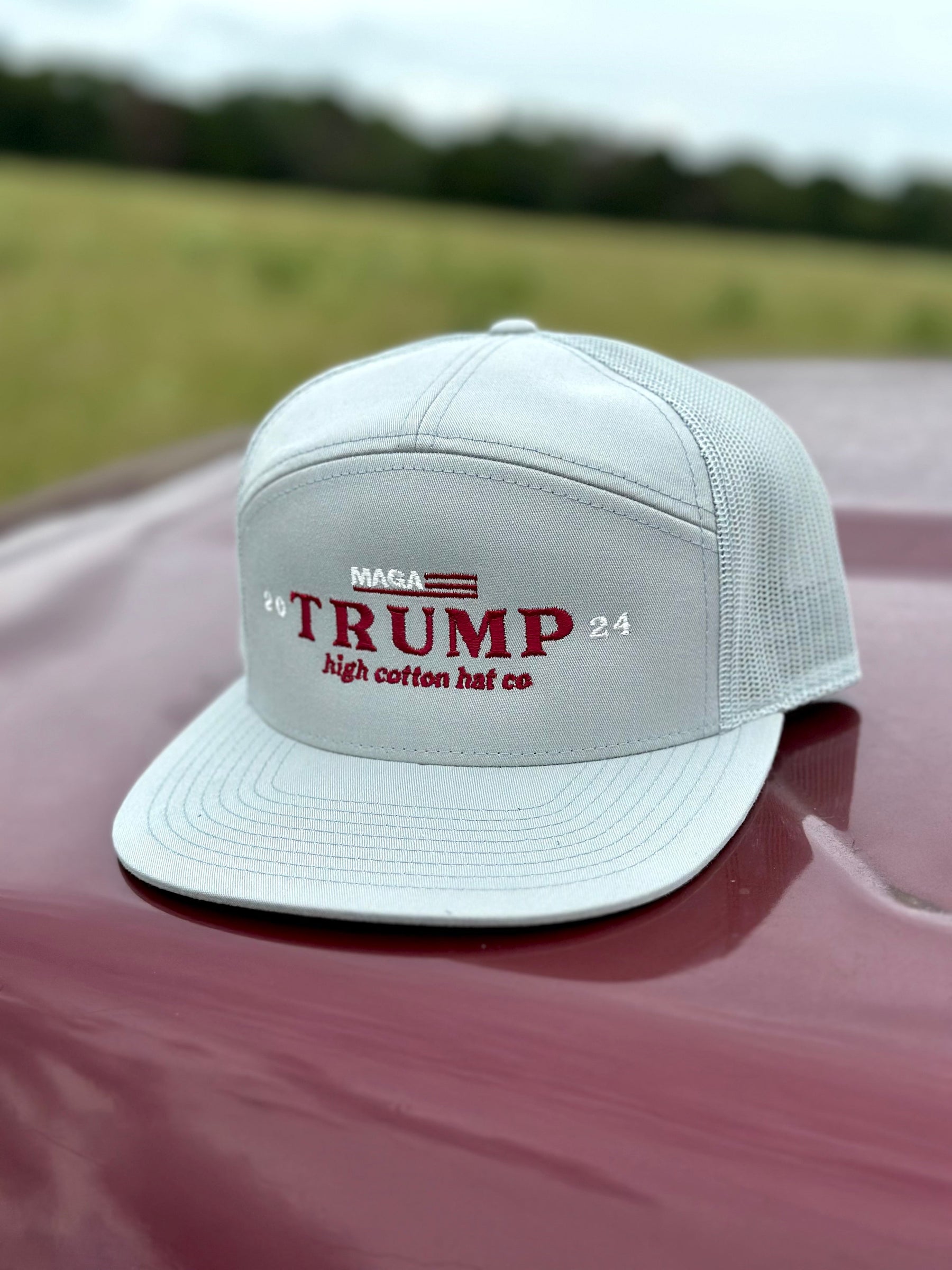 Detail view of MAGA Trump 7-Panel Hat by High Cotton Hat Co