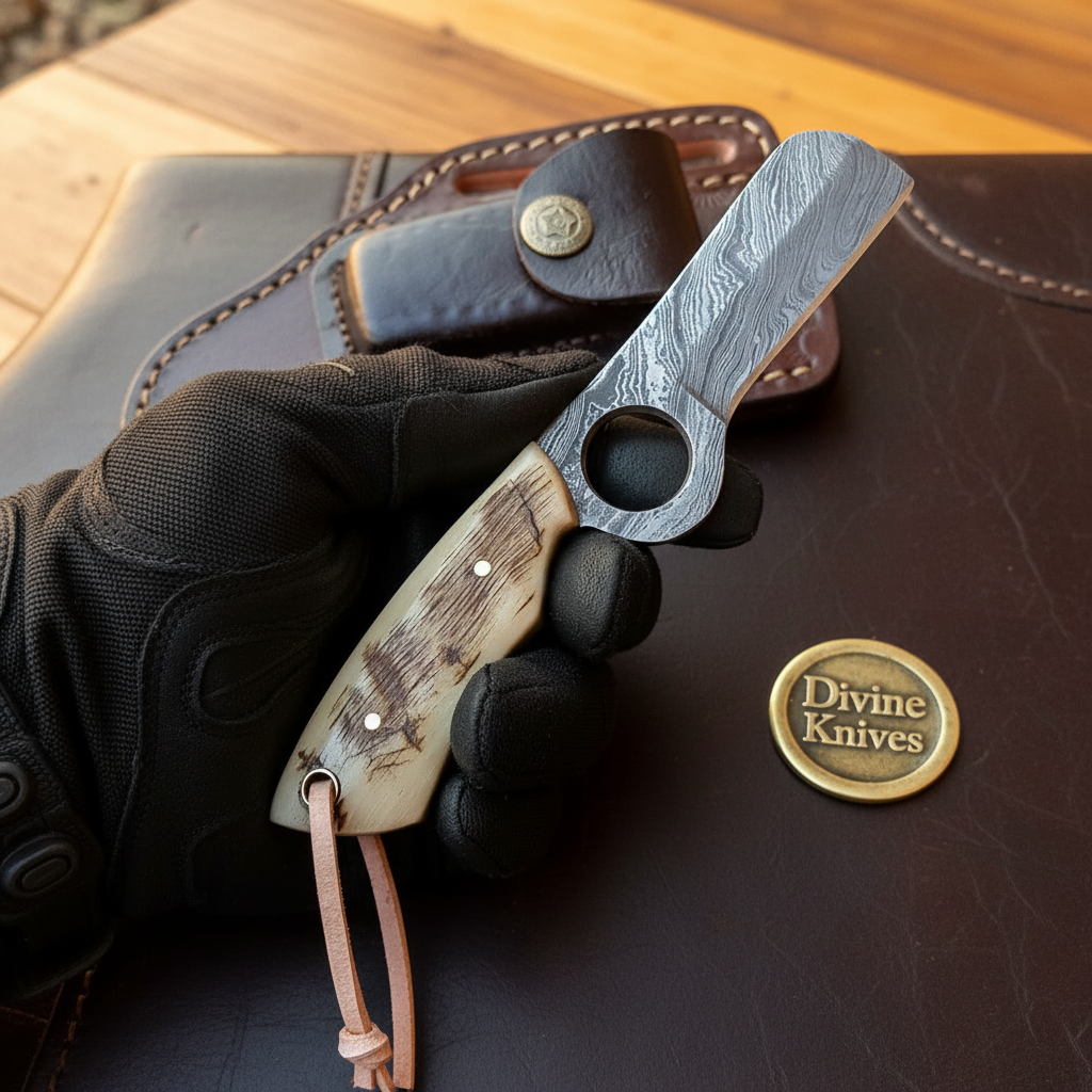 Loop Hole Ram Horn Damascus Bull Cutter by Divine Knives, product view 2