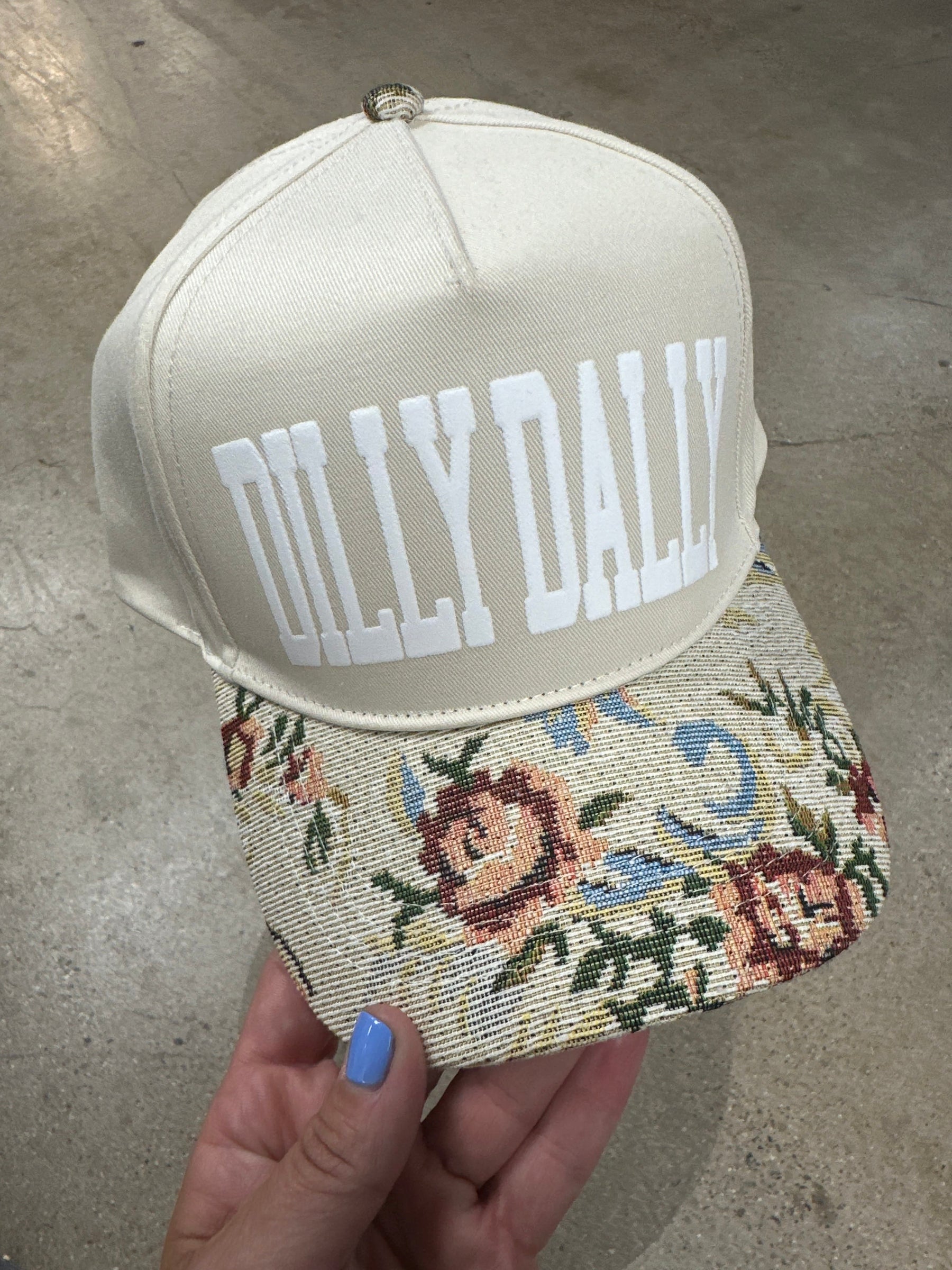 Dilly Dally Tan/Light Vintage Floral Canvas Trucker Hat detail view by Southern Bliss Company