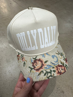 Dilly Dally Tan/Light Vintage Floral Canvas Trucker Hat detail view by Southern Bliss Company