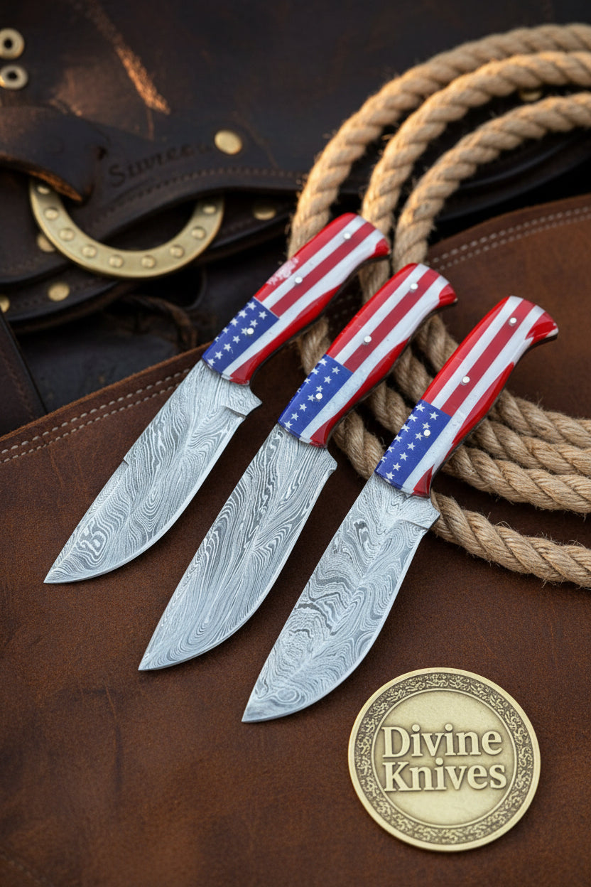 Damascus Skinner Knife Set with American Flag Handles (Set of 3) by Divine Knives