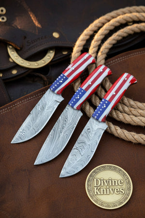 Damascus Skinner Knife Set with American Flag Handles (Set of 3) by Divine Knives