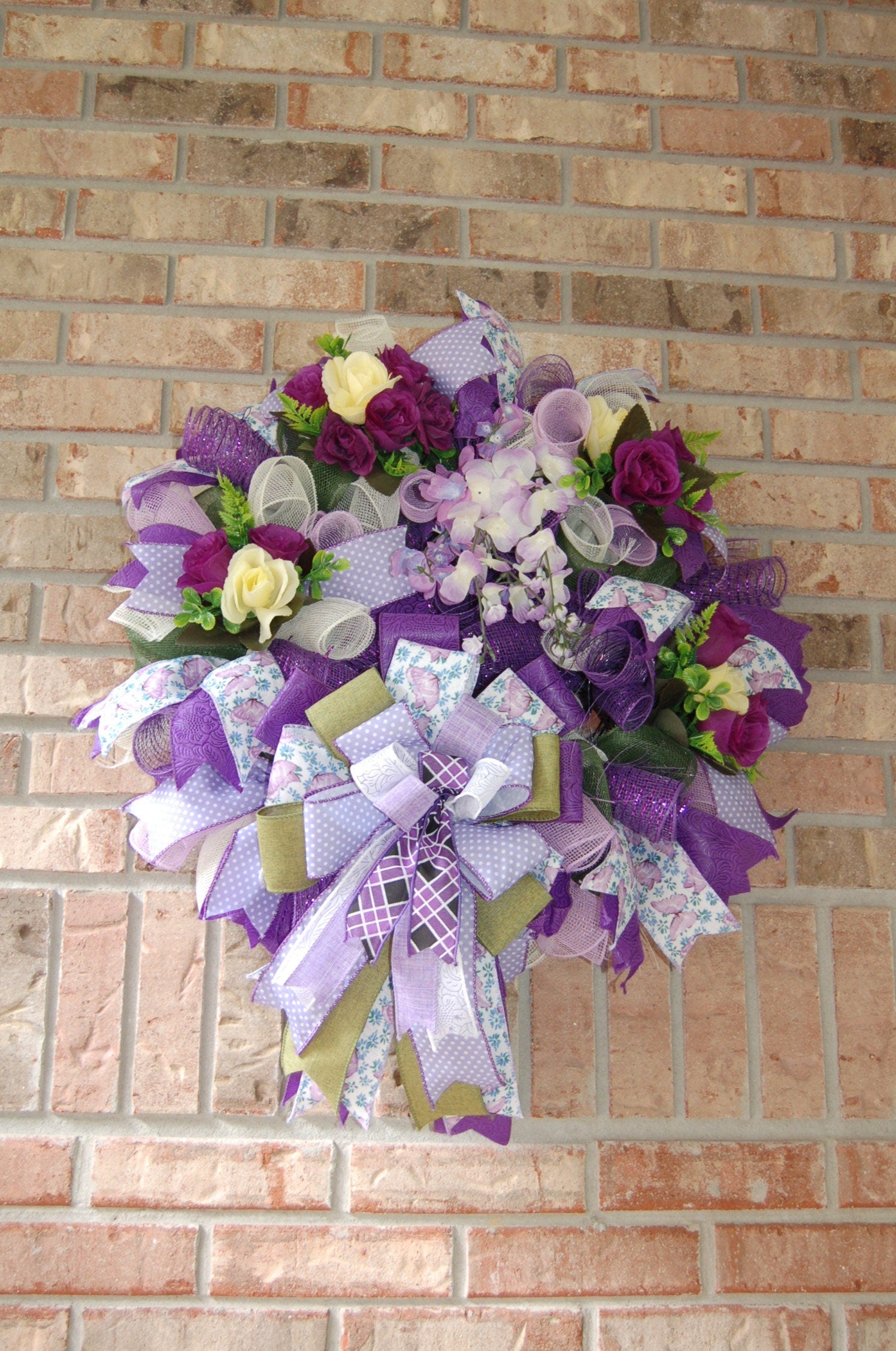 Purple Floral Wreath | Silk Flower Front Door Decor by Bouge Creations, view 6