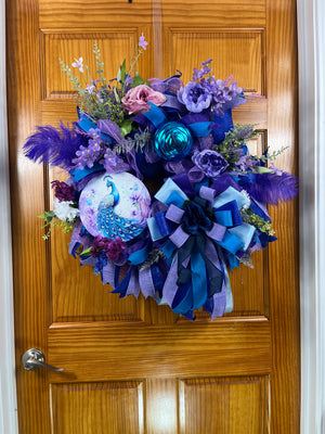 Peacock Wreath | Blue & Purple Deco Mesh Door Decor by Bouge Creations, view 3