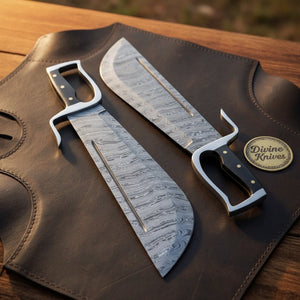 Wing Chun Butterfly Swords with Wood Grain Damascus Blades detail view by Divine Knives