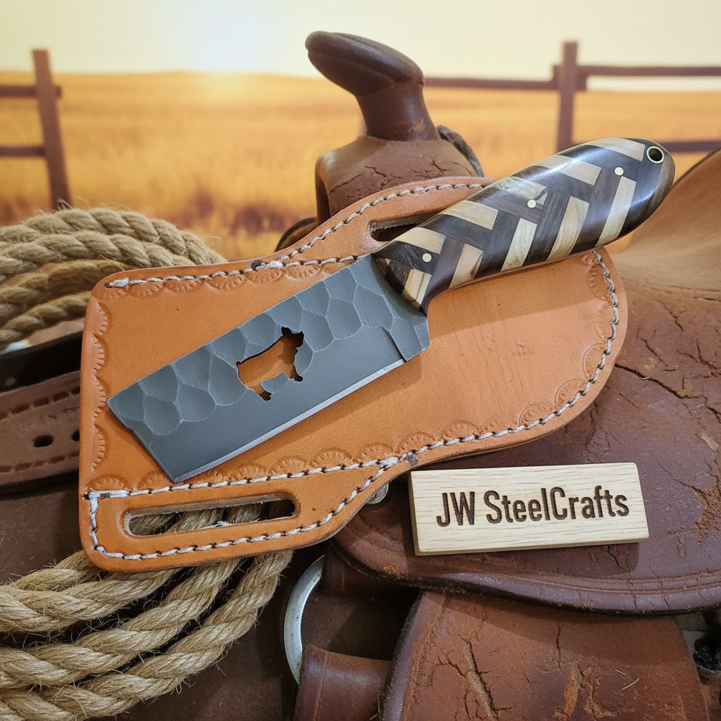 Bear Cutout Herringbone Cleaver Knife 8" Handmade Carbon Steel
