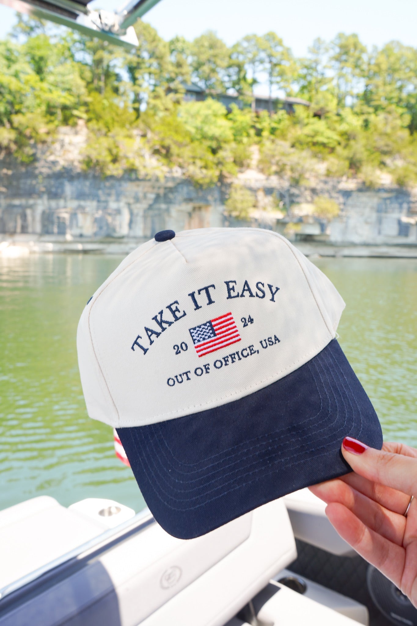 Take it Easy Navy Flag Vintage Trucker Hat by KenzKustomz, Southern lifestyle apparel detail photo 11