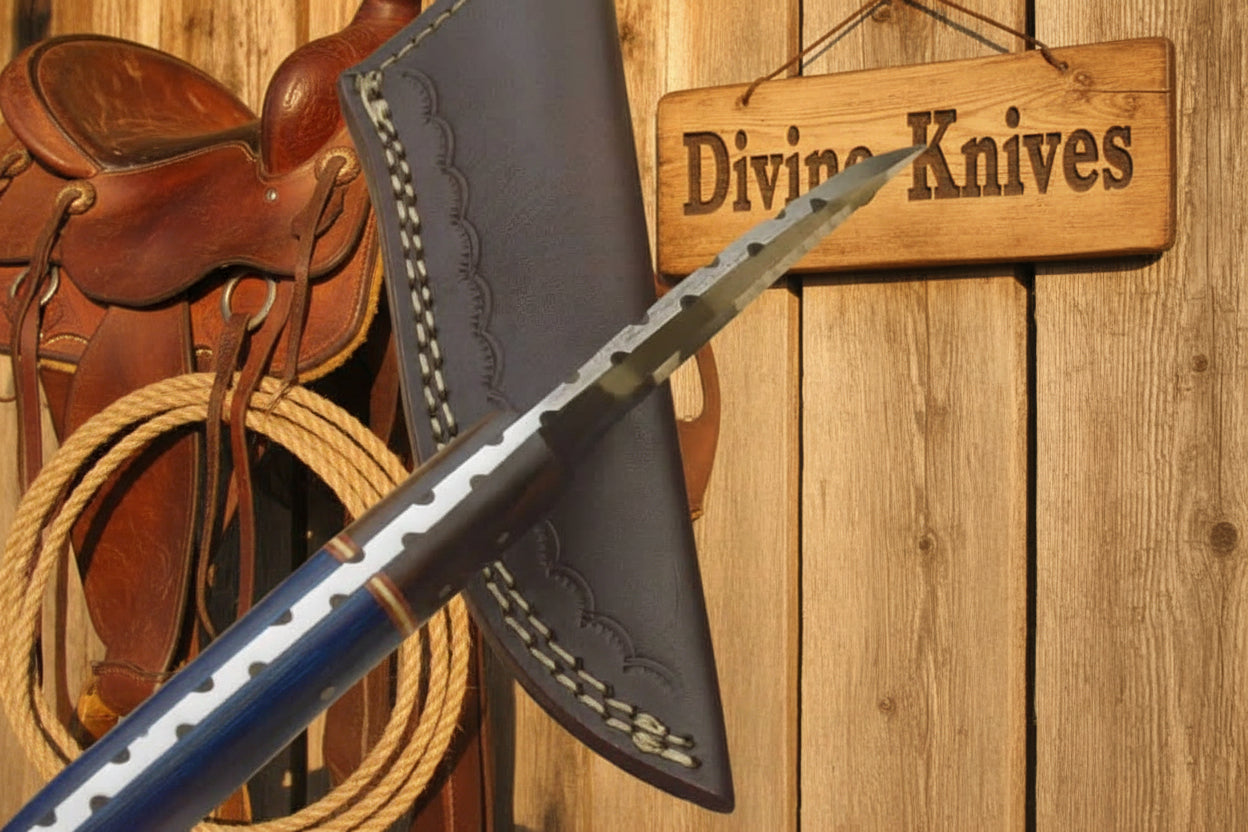 Blue Pakka Wood Damascus Knife with Contrasting Dark Wood Spacer detail view by Divine Knives