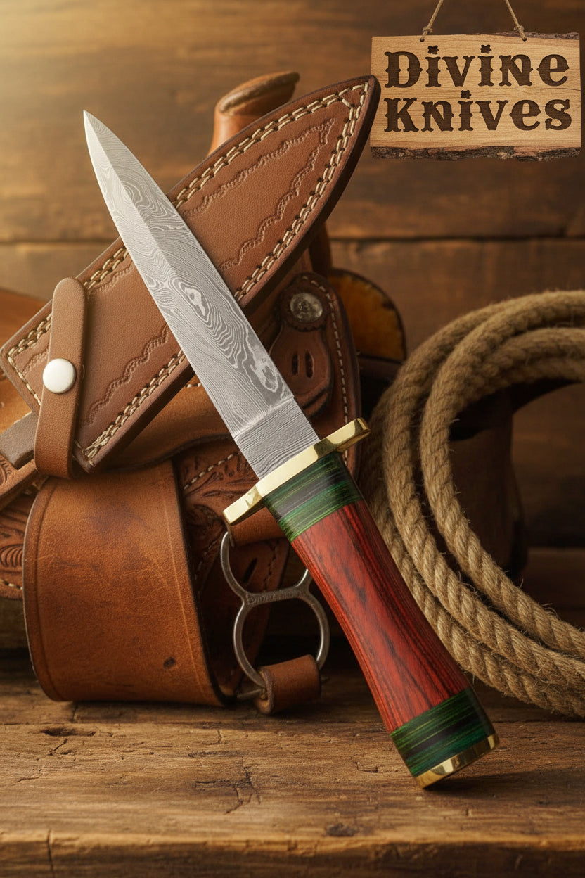 Minimalist Dark Wood Damascus Knife with a Single Green Ring Detail detail view by Divine Knives