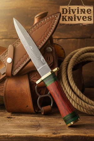 Minimalist Dark Wood Damascus Knife with a Single Green Ring Detail detail view by Divine Knives