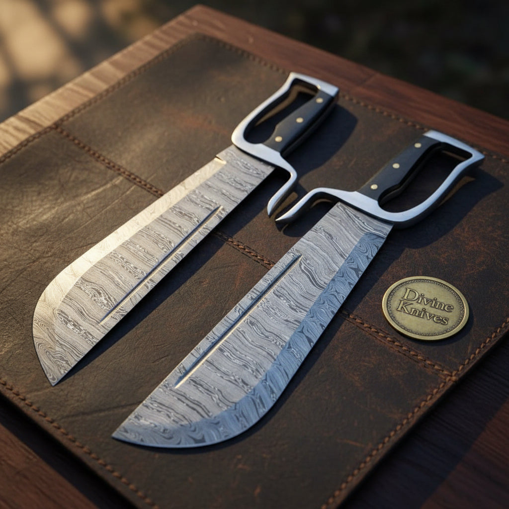 Wing Chun Butterfly Swords with Wood Grain Damascus Blades detail view by Divine Knives