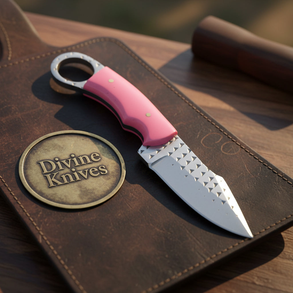 Pink Resin Rasp Ring Skinner Knife with Rasp product detail, view 5