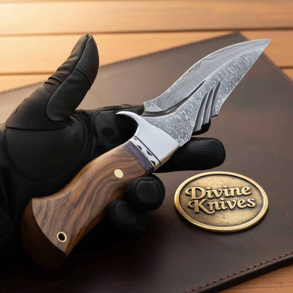 Shark Rosewood Bobcat Hunter with Damascus by Divine Knives