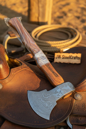 Damascus Steel Bearded Bushcraft Axe for Camping and Woodcraft detail view by JW SteelCrafts