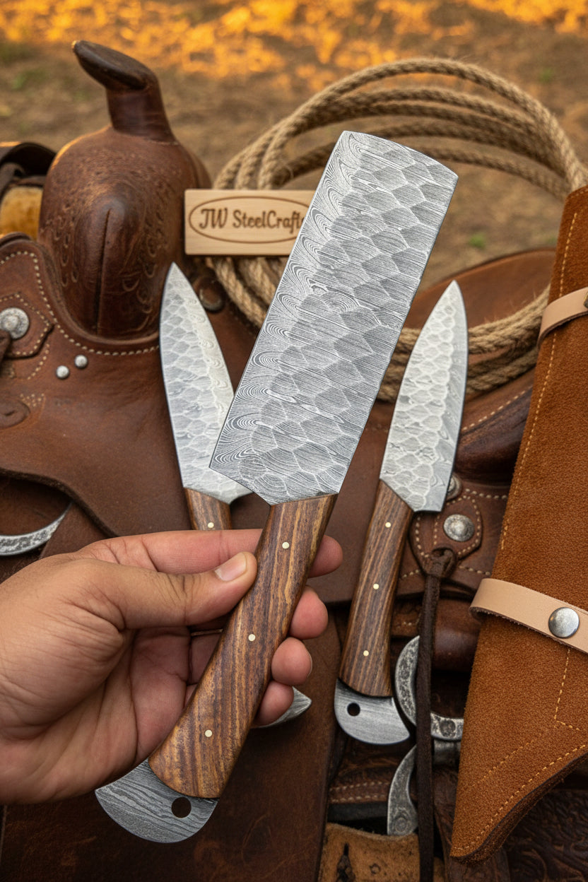 Hand Forged Damascus Chef Knife Set, Natural Wood Handle, Full Tang Kitchen Knife Collection detail view by JW SteelCrafts