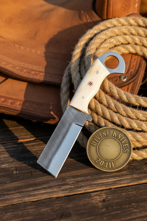 Rasp Steel Bone Bull Cutter with File Texture and Ring Handle detail view by Divine Knives