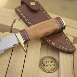 Olive Wood Damascus Knife Accented with Red and Brass Rings detail view by Divine Knives
