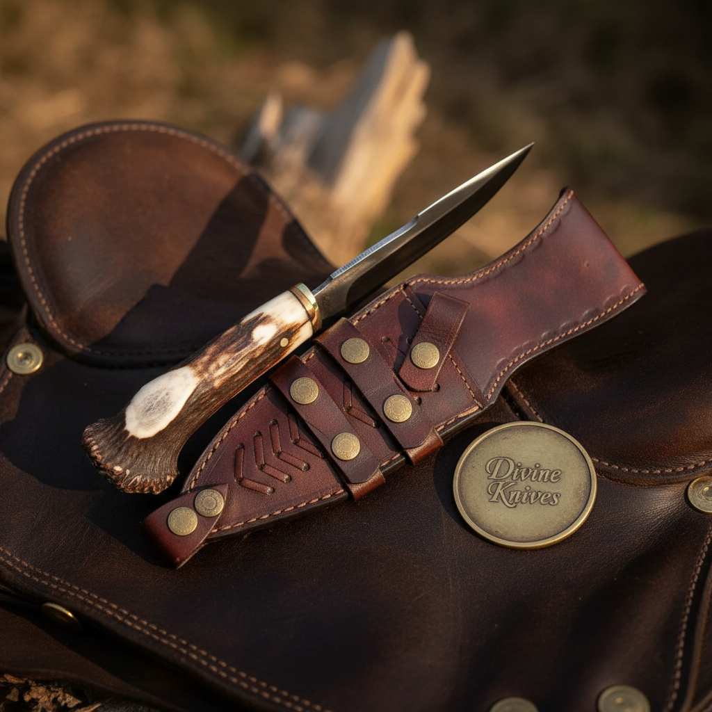 Crown Stag Damascus Gut Hook Knife by Divine Knives, product view 3
