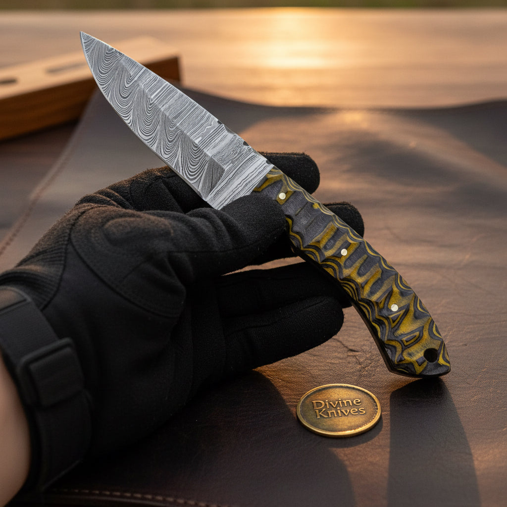Damascus Sculpted Wood Hunter Knife with by Divine Knives