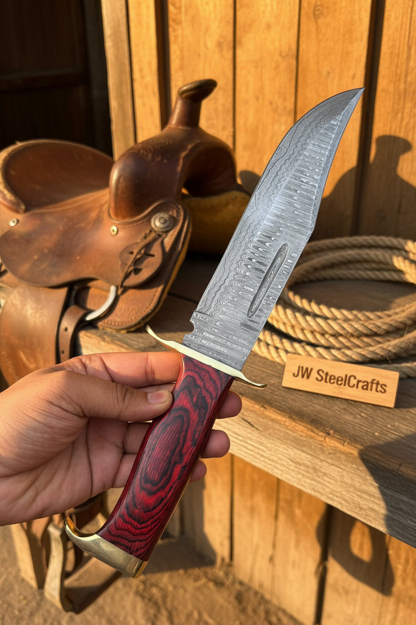 Handmade Damascus Clip Point Bowie Utility Knife Fixed Blade Pakka Wood Handle with Guard detail view by JW SteelCrafts
