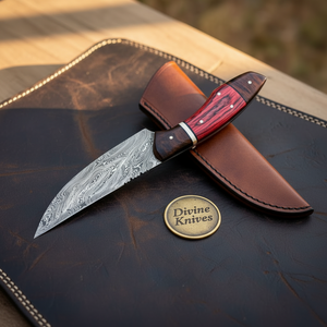 Red Pakkawood Damascus Drop Point Hunter by Divine Knives, product view 2