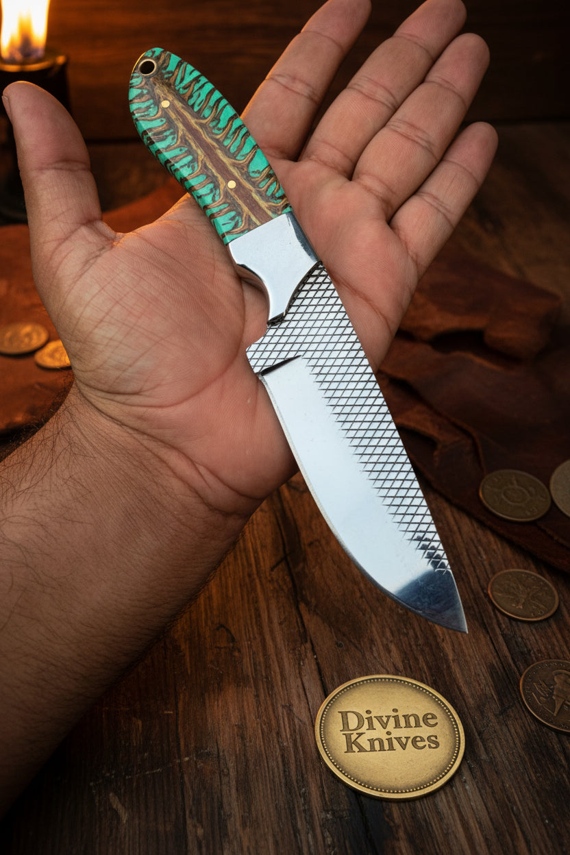Emerald Pinecone Ranch Skinner Knife with Carved Wood Handle detail view by Divine Knives