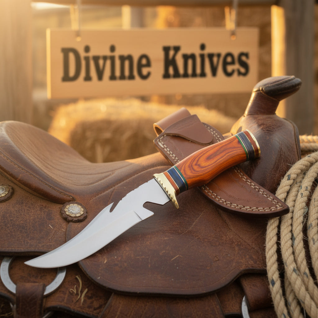 Colorful Spacer Ring Damascus Knife with Natural Tan Wood Handle by Divine Knives
