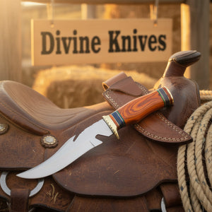 Colorful Spacer Ring Damascus Knife with Natural Tan Wood Handle by Divine Knives