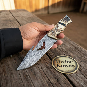 Eagle Cutout Damascus Hunter with Bird Silhouette and Stag Handle by Divine Knives