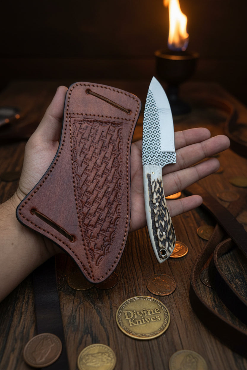Stag Horn Rasp Skinner Knife with Included Tooled Sheath detail view by Divine Knives