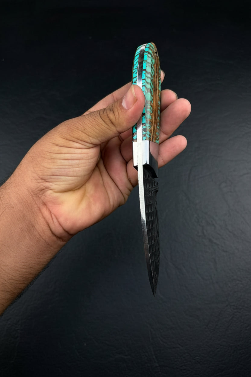Emerald Pinecone Ranch Skinner Knife with Carved Wood Handle detail view by Divine Knives