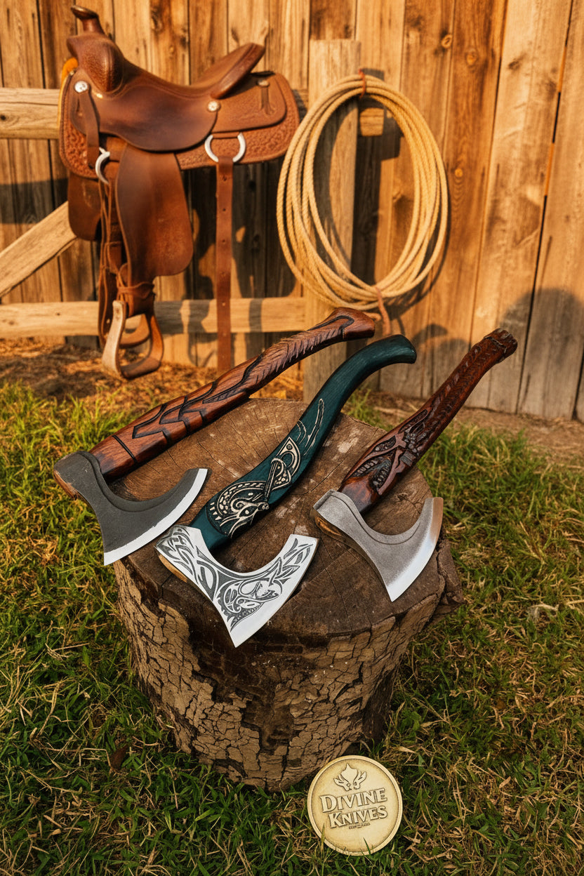 Hand Forged Bearded Axe Set with Carved Wood Handles (Set of 3) by Divine Knives