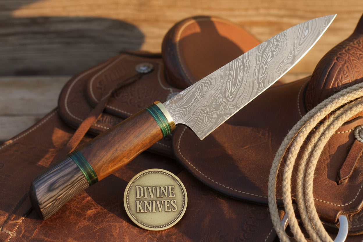 Two Tone Gray and Black Wood Damascus Fixed Blade Knife detail view by Divine Knives
