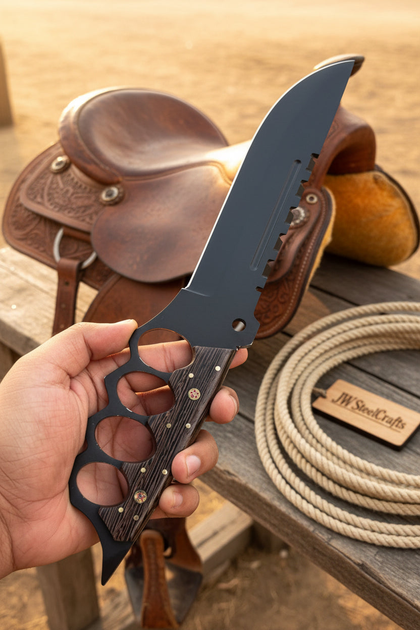 Knuckle Handle Tactical Knife Acid Etched Drop Point Fixed Blade detail view by JW SteelCrafts