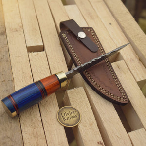 Multi Color Wood Damascus Knife with Brass Bolster Detailing detail view by Divine Knives