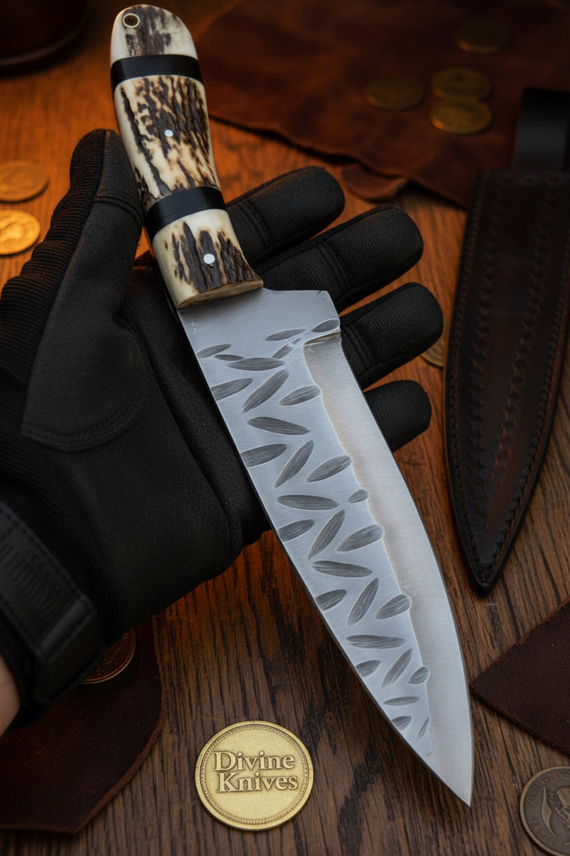 Stag Horn Cowboy Hunter Knife with Leaf Textured Spine by Divine Knives