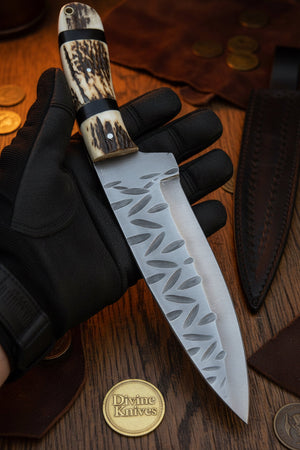 Stag Horn Cowboy Hunter Knife with Leaf Textured Spine by Divine Knives