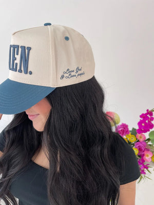 AMEN. - Slate Blue Vintage Trucker Hat by KenzKustomz, Southern lifestyle apparel detail photo 7