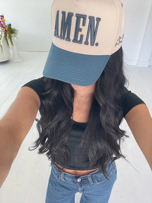 AMEN. - Slate Blue Vintage Trucker Hat by KenzKustomz, Southern lifestyle apparel detail photo 12