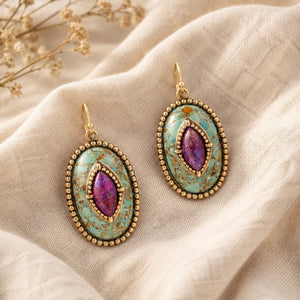 Stacked Stone Blue and Purple Turquoise Golden Drop Earrings detail view by Barse Jewelry