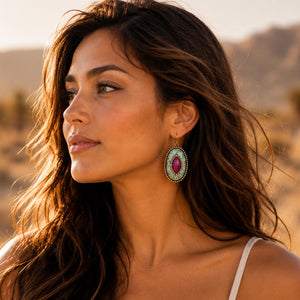 Stacked Stone Blue and Purple Turquoise Golden Drop Earrings detail view by Barse Jewelry