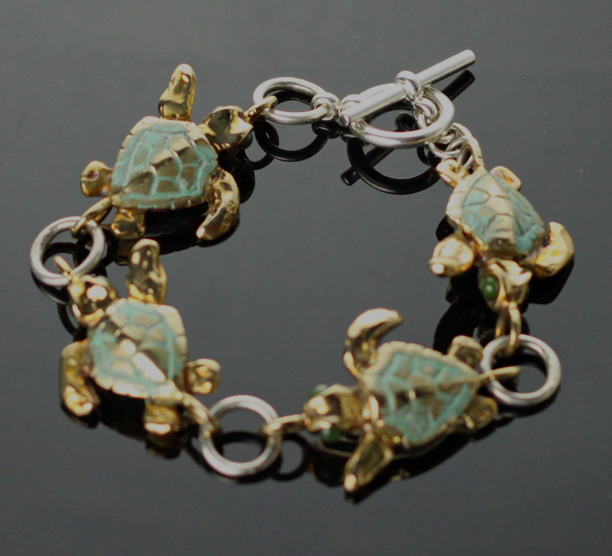 Bronze & Sterling Silver Loggerhead Link Bracelet with Jade by Anisa Jewelry