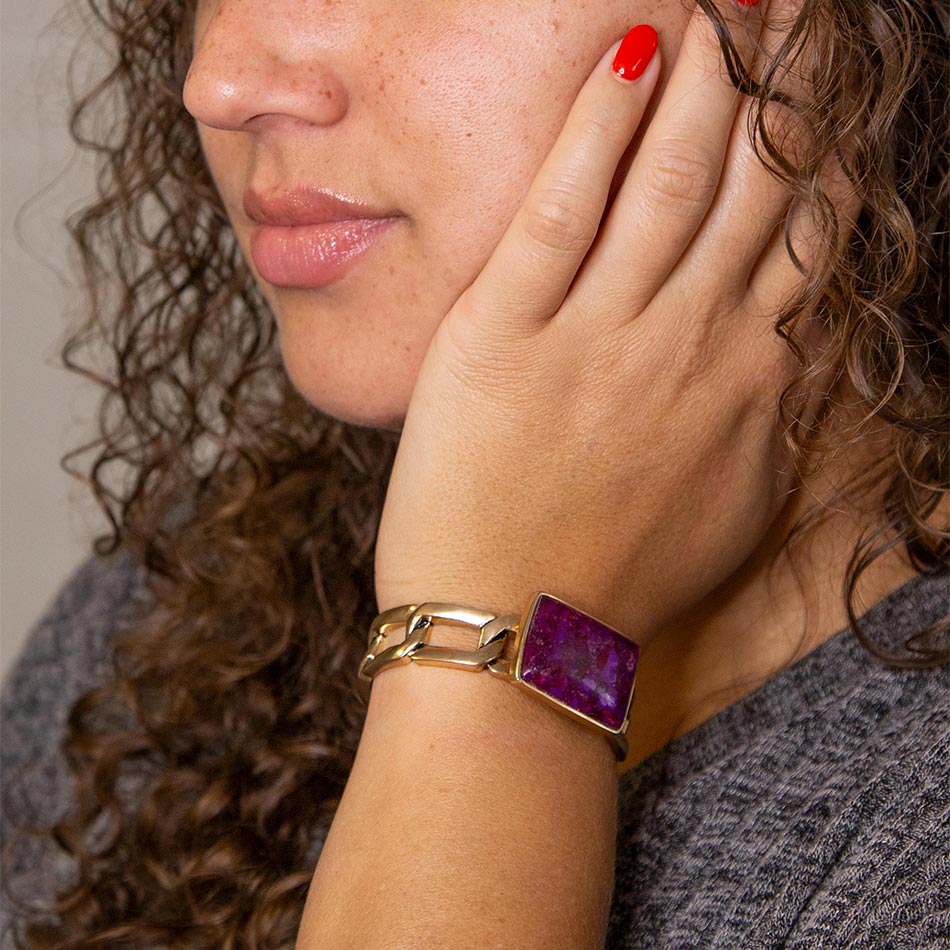 Purple Turquoise Golden Cuff Bracelet detail view by Barse Jewelry